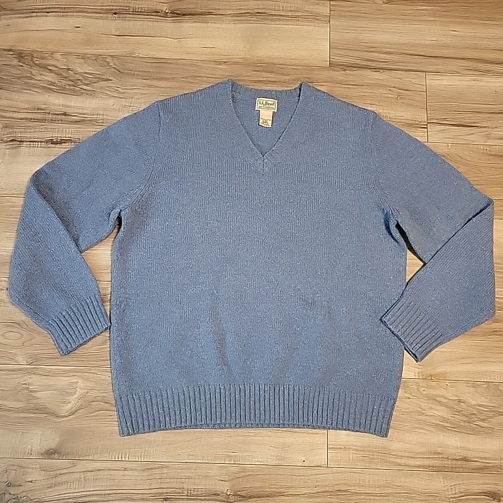 L.L. Bean Shetland‎ Wool Sweater Mens Extra Large Tall Blue Cable Knit V-Neck